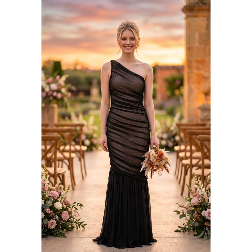 VICI Black One Shoulder Ruched Mesh Mermaid Maxi Dress Formal Evening XL NWT!